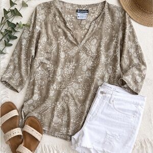 Columbia Neutral Floral Tunic Cotton V Neck Lightweight Boho Casual Top M